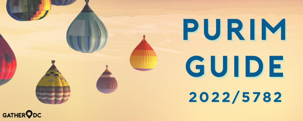 An image of colorful upside down hot air balloons with the words "purim guide 2022/5782"