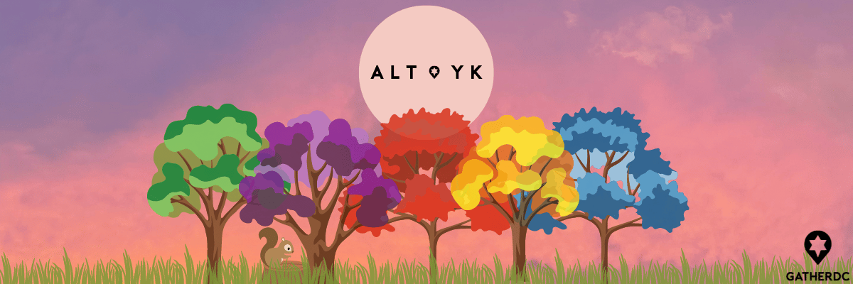 Image: Five trees of different colors in the center of a sunset background with a squirrel sitting on a tree stump in the midst; a pale pink sun rests behind the center tree. Text: ALT YK with Gather logo "pin" in between ALT and YK