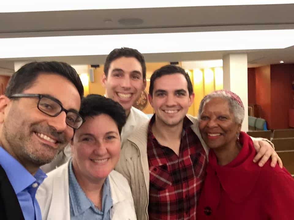 David Lloyd Olson poses with Rabbi Gil Steinlauf, AJ Campbell, his husband Jonah, and Sabrina Sojourner at Adas Israel. 