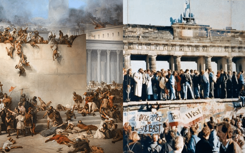 Left: Francesco Hayez's Destruction of the Temple of Israel. Right: The fall of the Berlin Wall by Arthur bon Moltke