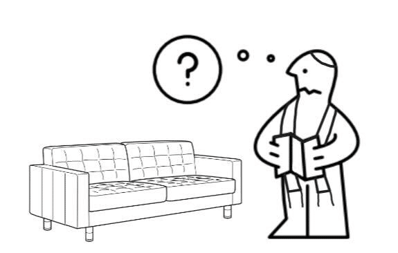 A person, drawn in the style of IKEA furniture instructions, considers a couch. 