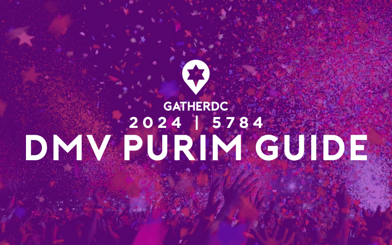 A crowd tossing confetti overlaid in purple coloring. Text: GatherDC 2024 / 5784 DMV Purim Guide