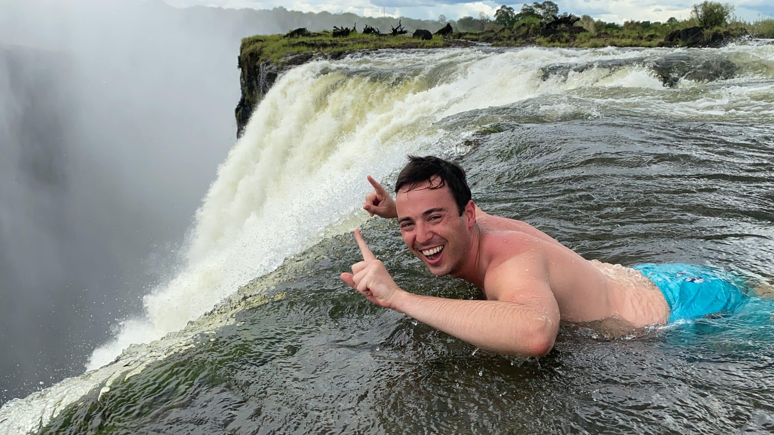 Dillon leaning into Victoria Falls.
