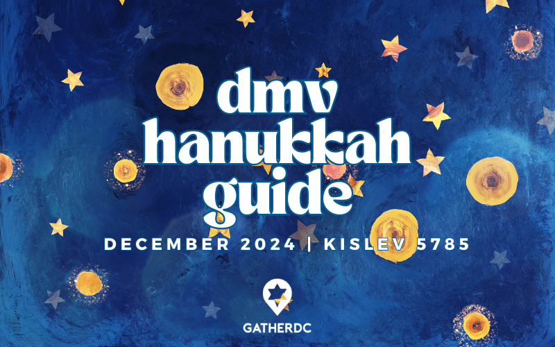 A blue background with yellow stars and swirls. Text: dmv hanukkah guide; december 2024; kislev 5785