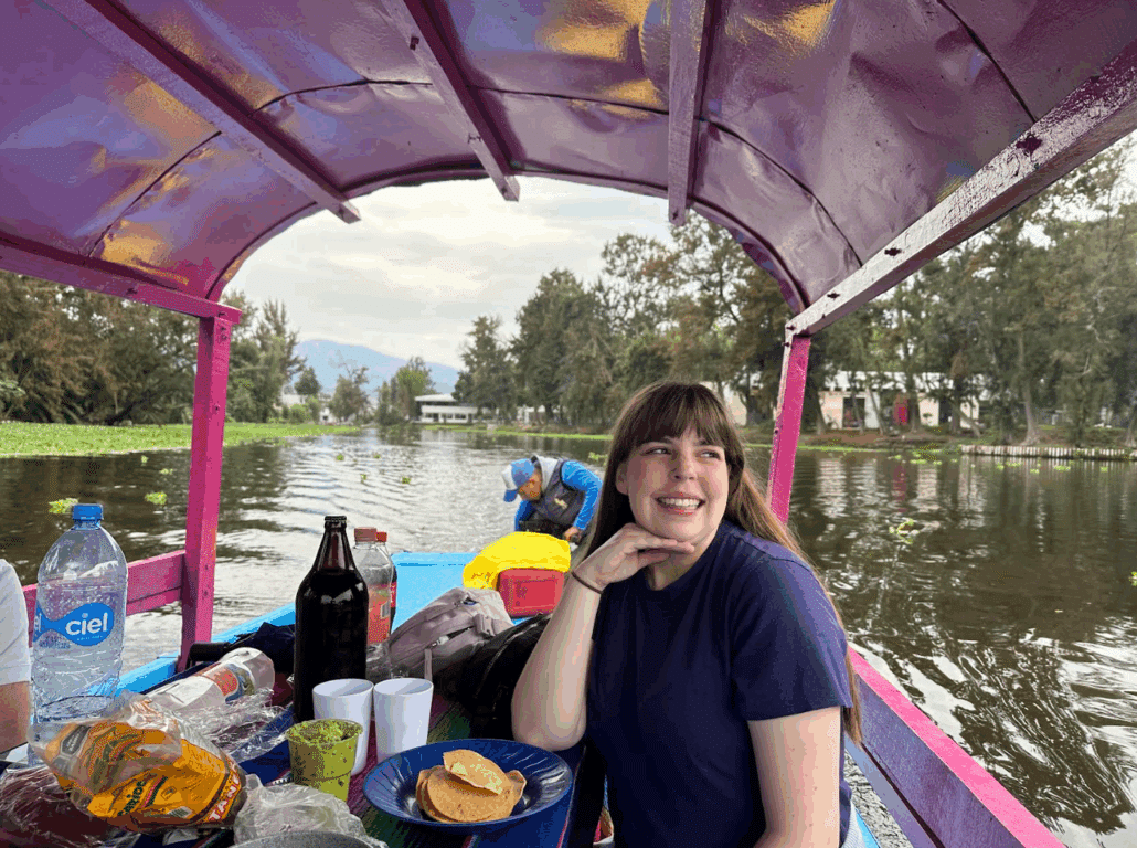 Claire on a purple riverboat.