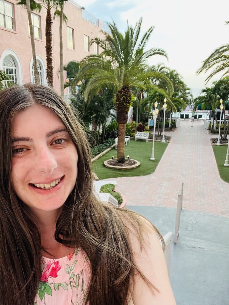 Rachel in a tropical resort.