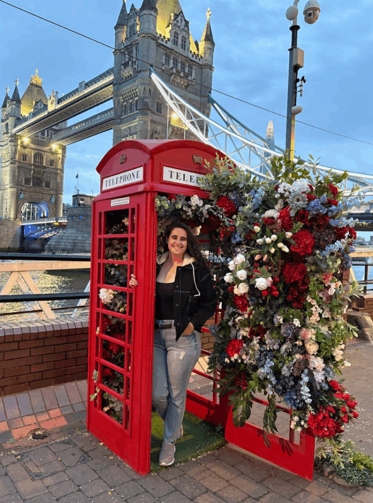 Aliyah in a floral telephone booth in London.