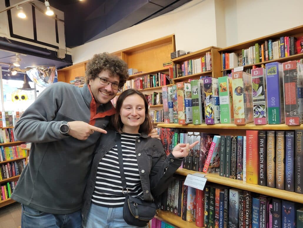 Juliet with her book in Kramer's.