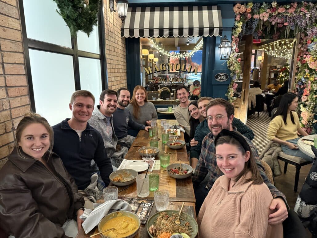 Jake and friends at a Hanukkah dinner.
