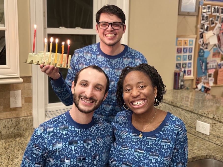 Adin, Mitchell, and Daniel in Hanukkah pajamas.