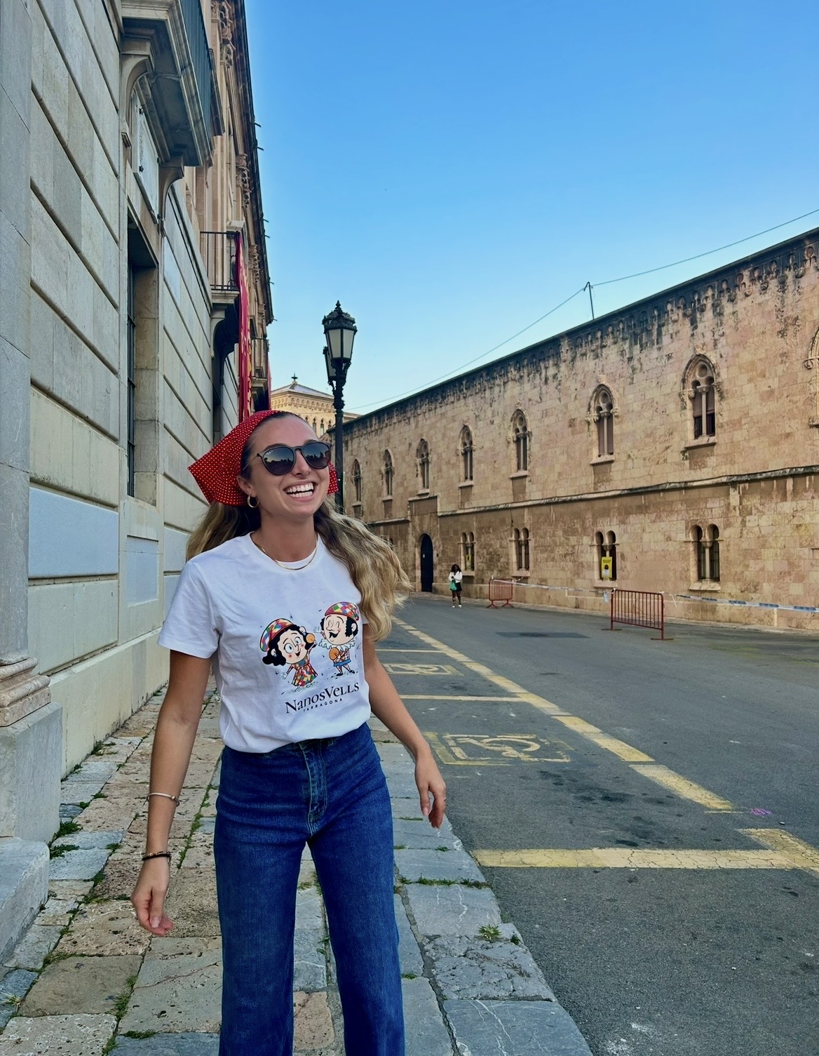 Mia on a European street.