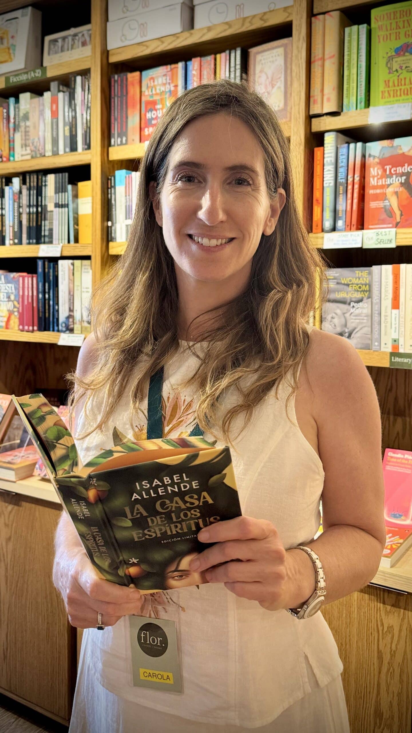 Carola with a Isabel Allende book.