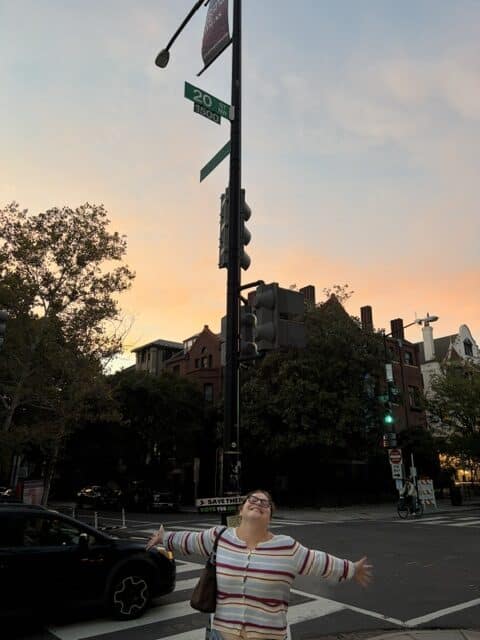 Reagan at an intersection at sunset.